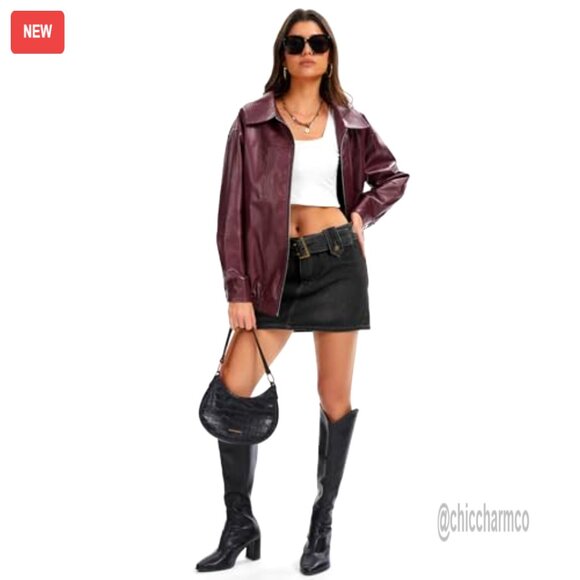 Oversized Faux Leather Bomber Jacket Motorcycle Style Zip Up Coat - Picture 5 of 7